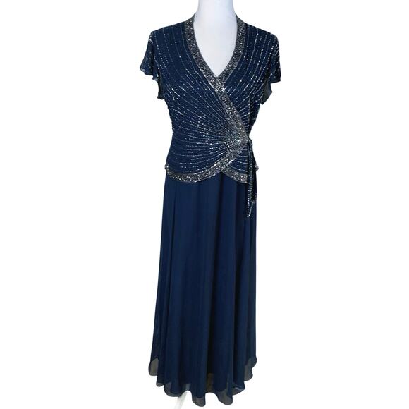 J Kara Petite Sz 12P Gown Dress V-Neck Flutter Sleeve Surplice Beaded Chiffon - Picture 1 of 13